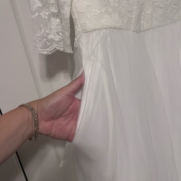 Beautiful Ivory Lace & Tulle Beaded Sash A-Line Wedding Dress sz.18 - Picture 9 of 13